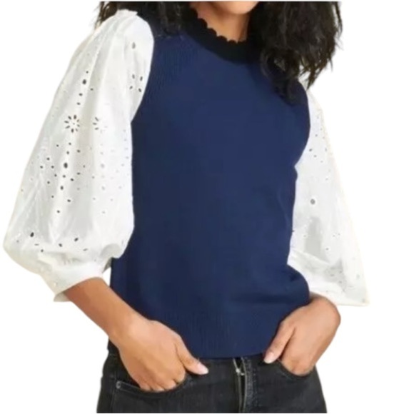 Veronica Beard Women's Roy Mixed Media Pullover Knit Sweater Navy White Size XS - Picture 3 of 13